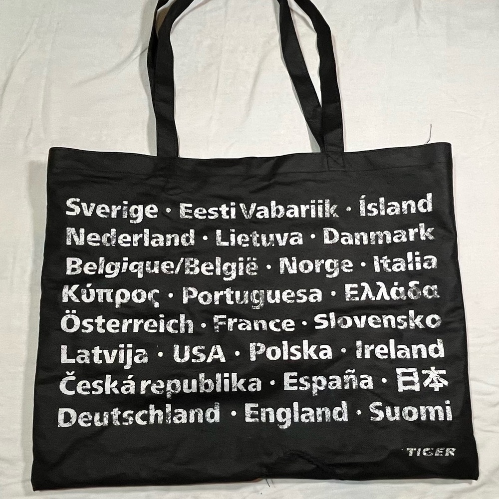 Black Canvas Tote Bag with International Cities Print
